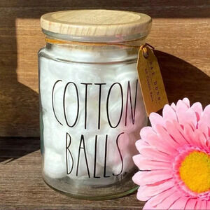 NEW - Rae Dunn - CUTE reusable COTTON BALL Glass Jar with wooden Lid